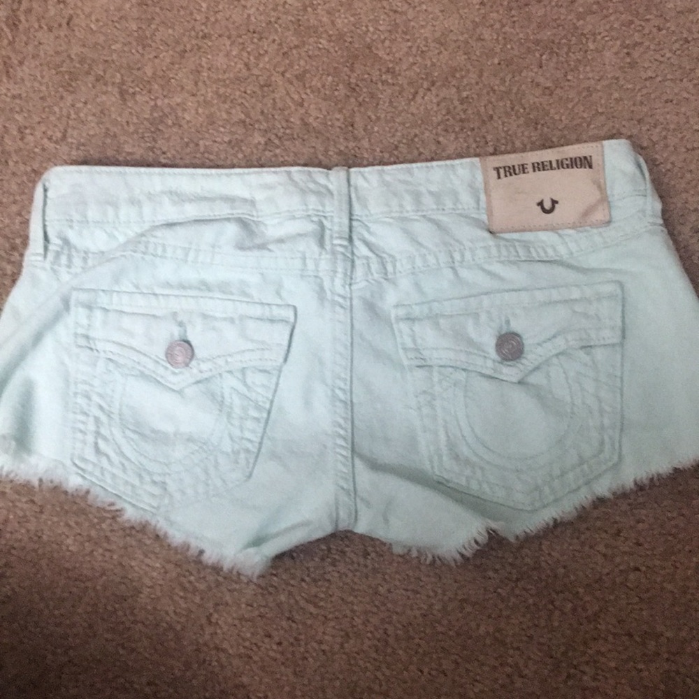 Light mint green True Religion Joey cutoff shorts